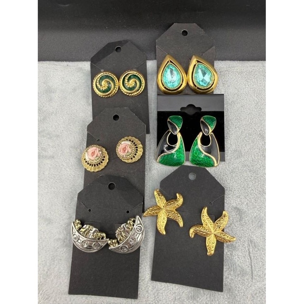 Vintage Estate Earrings Lot Gold  Enamel Floral Starfish 6 Pairs